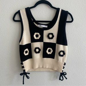 ZARA Crocheted Flower Checkered Sweater Vest